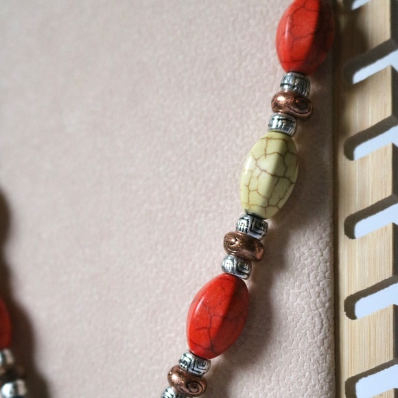 Statement Necklace Turquoise Silver Tone Metal Pendant Teal Orange Tribal Boho - Picture 8 of 9